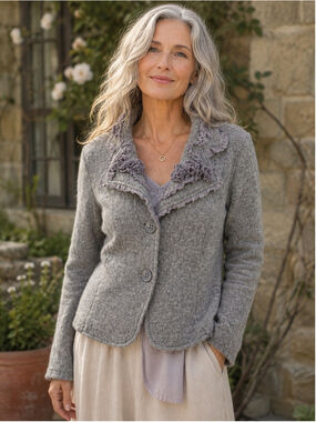 Lisa International Jacket Women’s PXL Boiled Wool Floral Cottagecore Fairy Gray